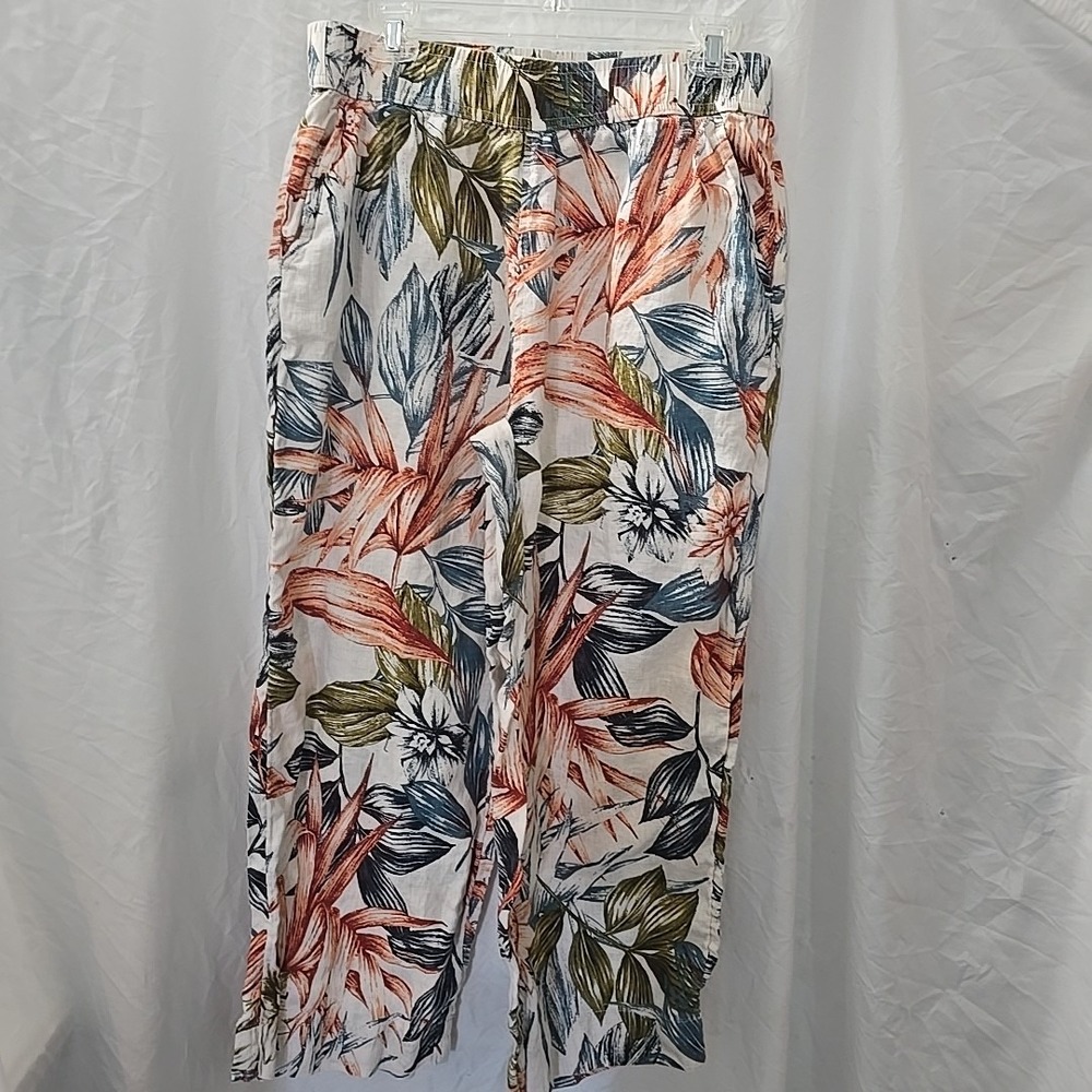 C&C California 100% Linen Women's Floral Elastic Waist‎ Pants Sz L Cropped Beach
